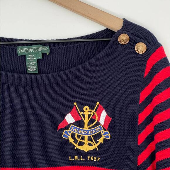 Vintage Lauren Jeans Co. Cotton Knit Striped Sweater Blue/Red Size Large - Picture 3 of 4